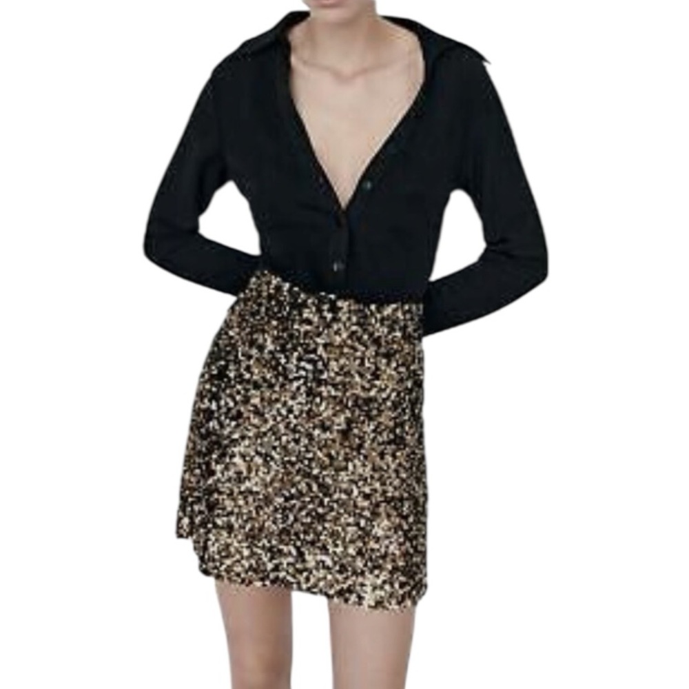 ZARA GOLD SEQUIN MINI SKIRT SPARKLY PARTY GLAM CLUB WEAR SIZE XS **NWT** - Picture 4 of 12